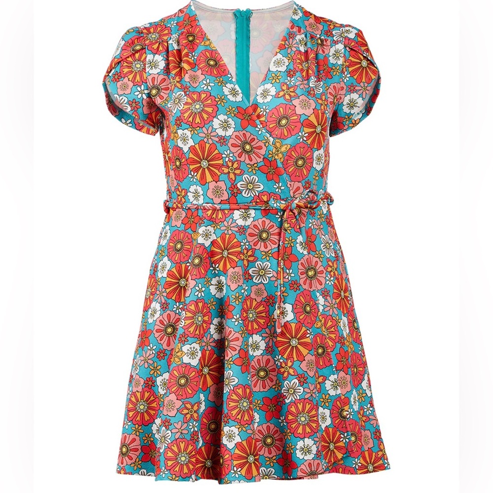 Unique Vintage Floral Mini Dress - Turquoise and Red